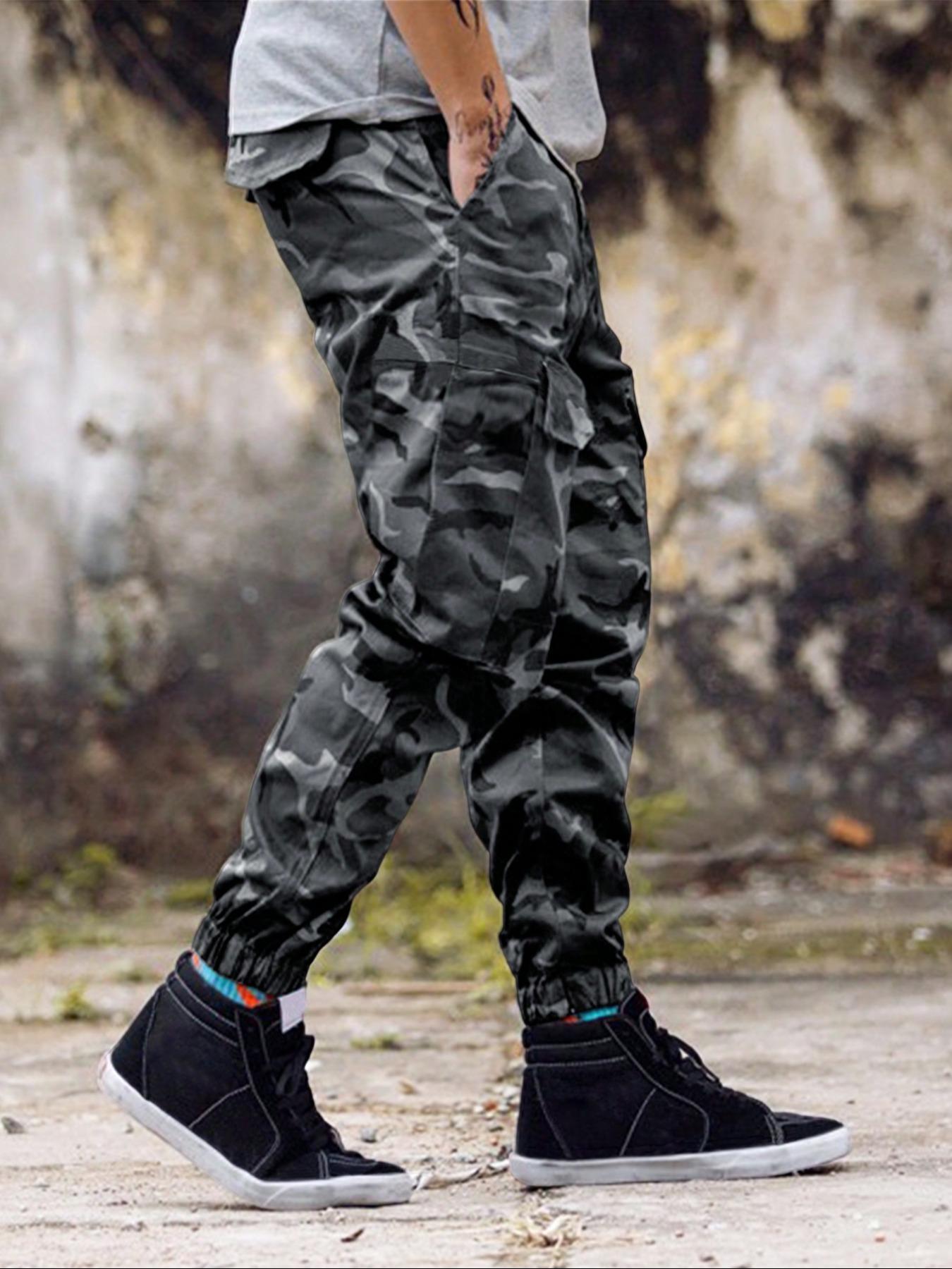 Men's Camo Print Drawstring Waist Cargo Pants, Casual Fashionable Pocket, Streetwear Camouflage Regular Fit Multi-pocket Casual Slant Pocket Jogger Pants for Daily Wear, Men's Trousers for All Seasons