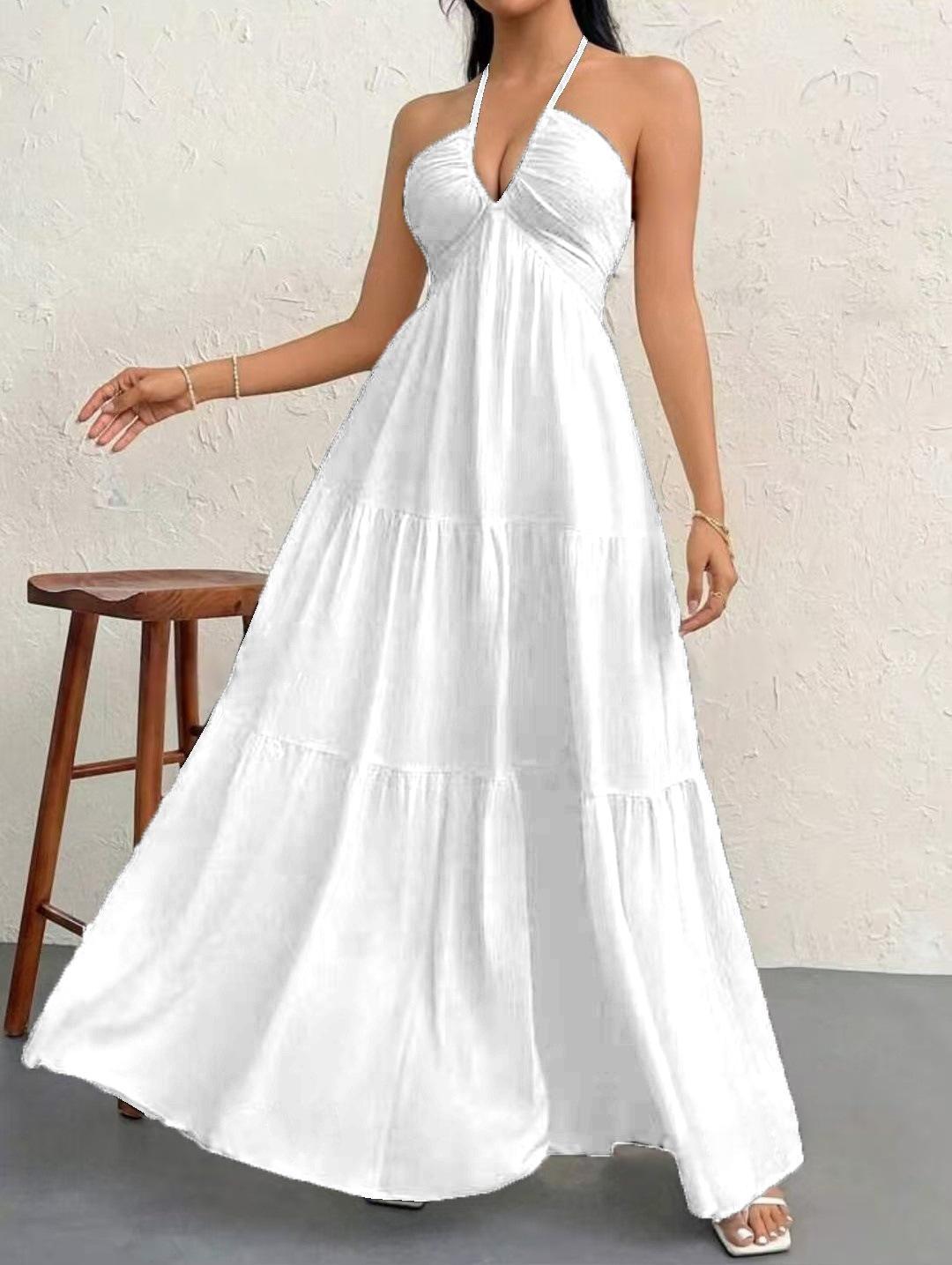 Solid Color Elegant Halter V-Neck Sexy Backless French-Style Temperament Maxi Dress