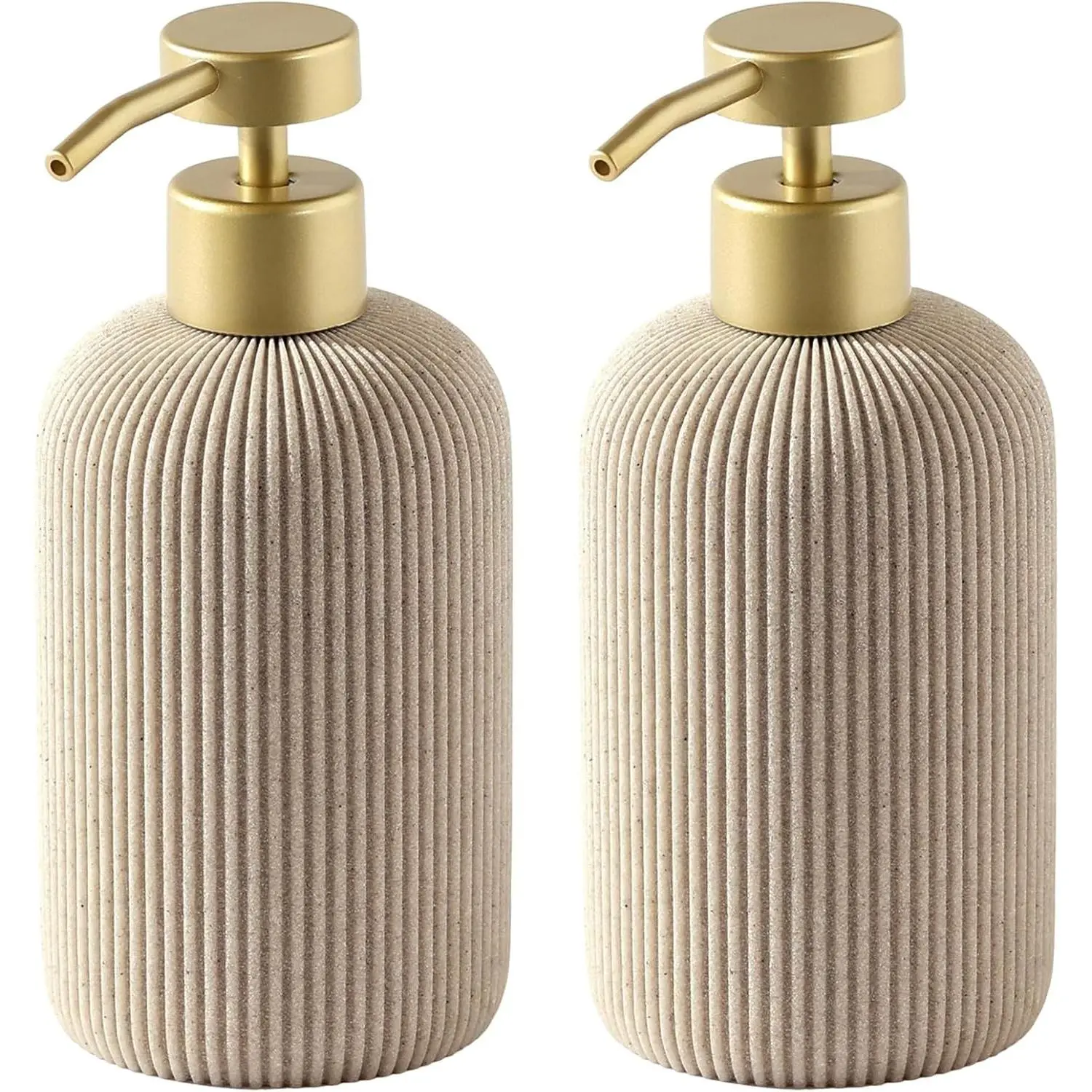 Soap Dispenser 14.2OZ, 2PCS Luxurious Stripe,Beige, Gold Pump | Modern Hand Dish Soap Dispenser Set, Refillable Lotion Bottle Jar with Rustproof Pump for Bathroom Countertop Kitchen Sink