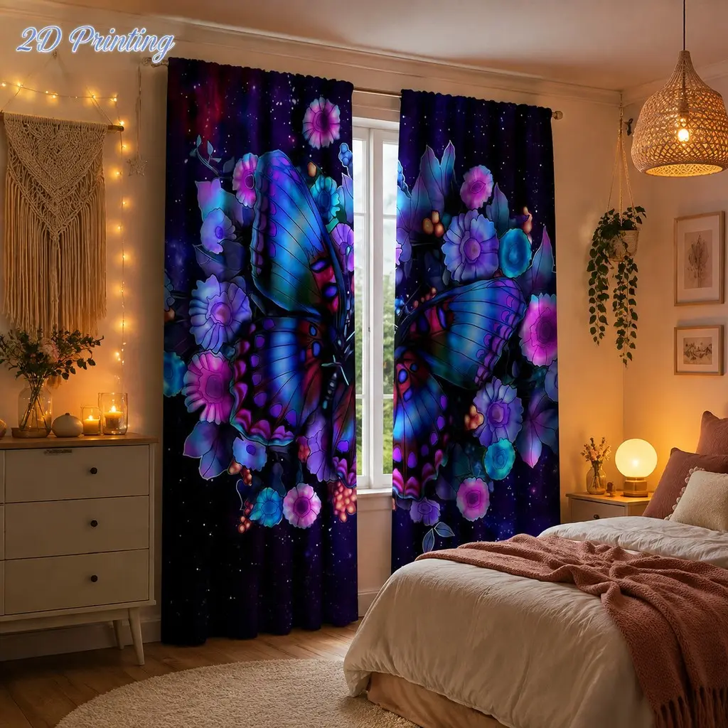 2-piece set of butterfly dreamy flower printed Rod Pocket window curtains, made of semi transparent polyester fiber material and designed with pole pockets, suitable for bedroom, living room, dining room decoration, and year-round room decoration