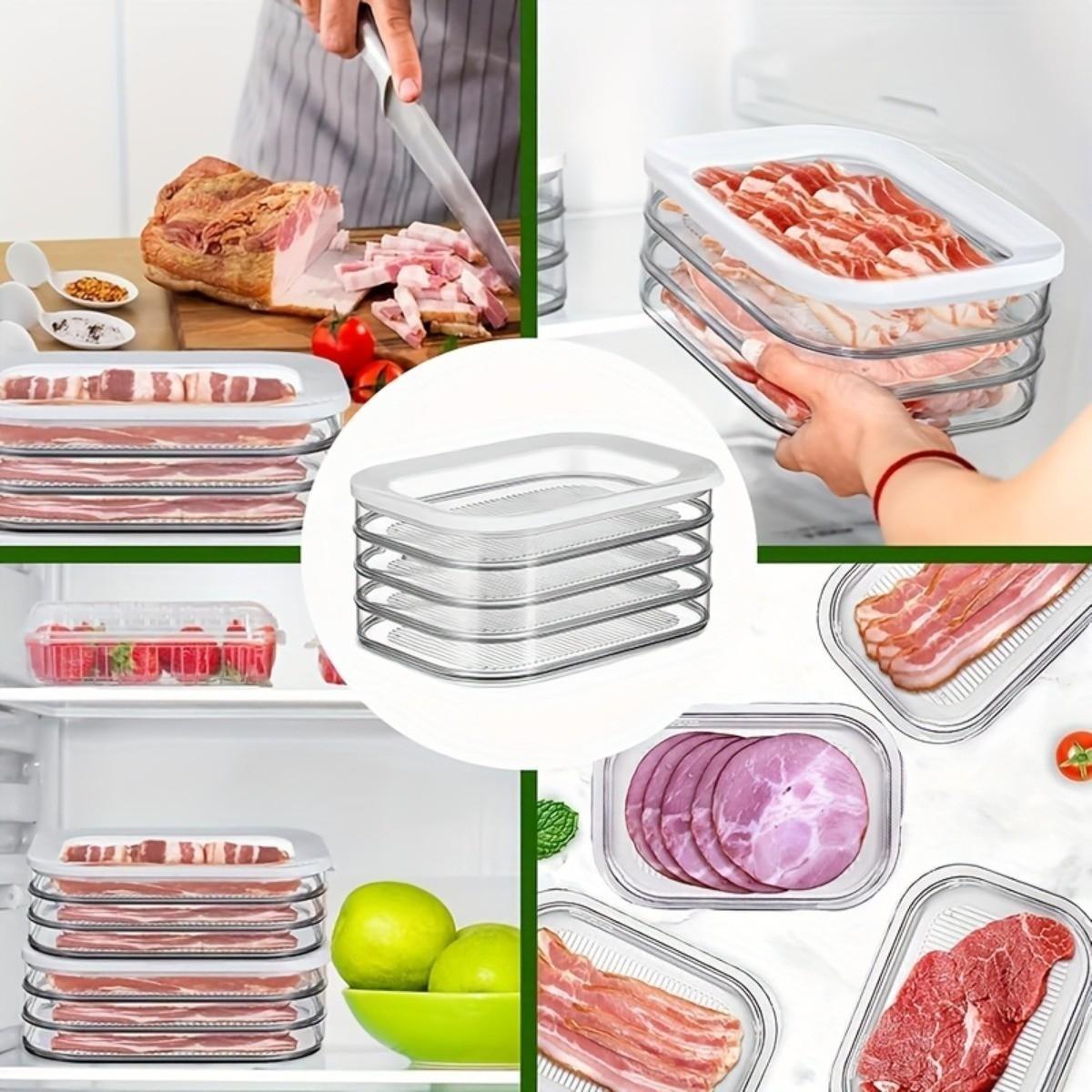 Stackable Food Storage Containers, Reusable Leak-Proof Refrigerator Organizer, Space-Saving Meat Preservation Box for Bacon, Ham, Cheese