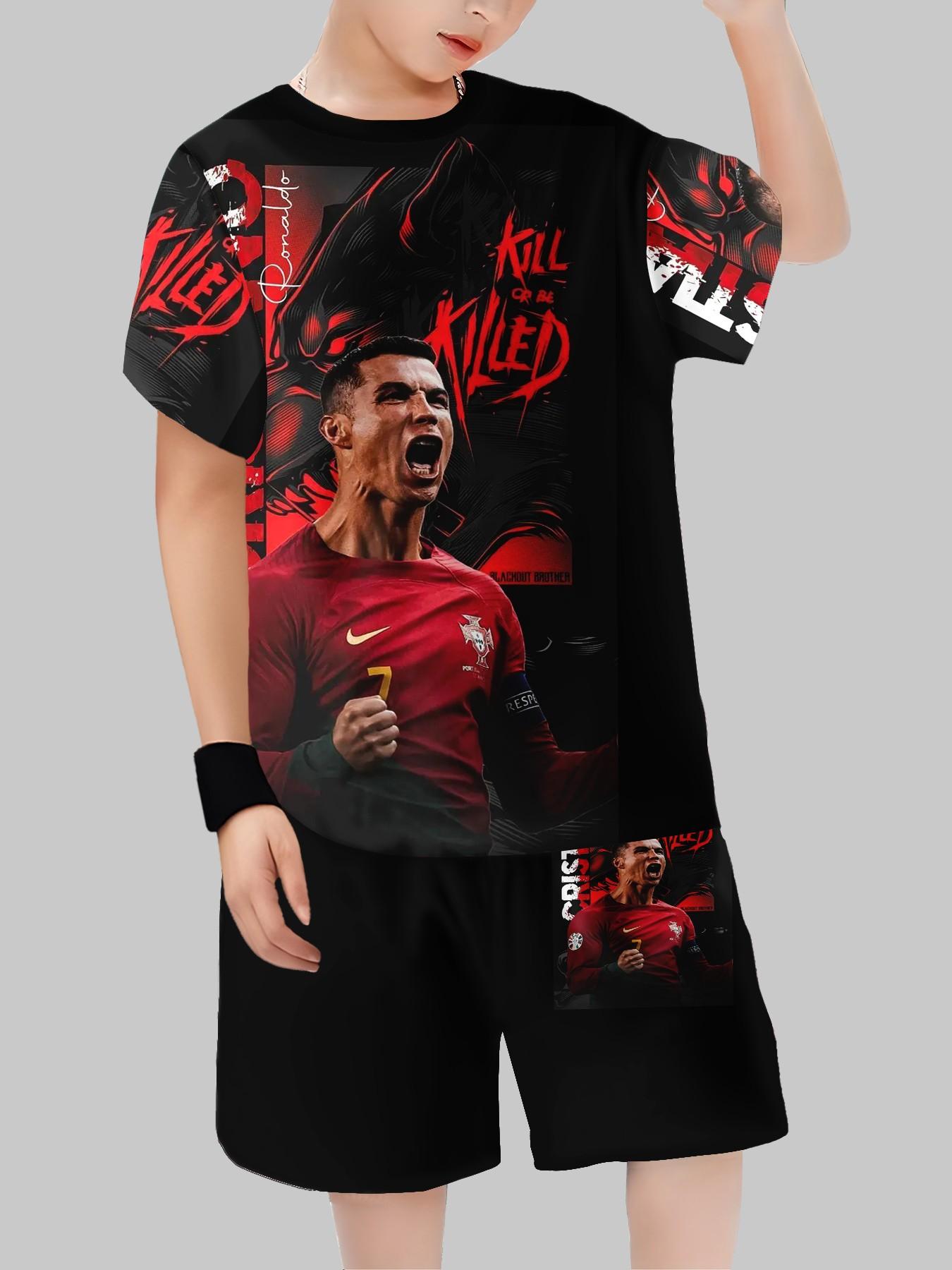 Boys' Colorblock Set, Cristiano Ronaldo 7 Celebration, Casual Summer, Full Print Design, Party & Sports Wear