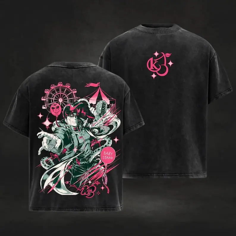 Vintage Acid‑Washed Black Graphic T‑Shirt, JoJo's Bizarre Adventure Kujo Jotaro Baby Stand Front Logo & Back Carnival Character Dual‑Sided Print Tee, Classic Anime Streetwear, Match Cuban Chain Necklaces & Baggy Denim