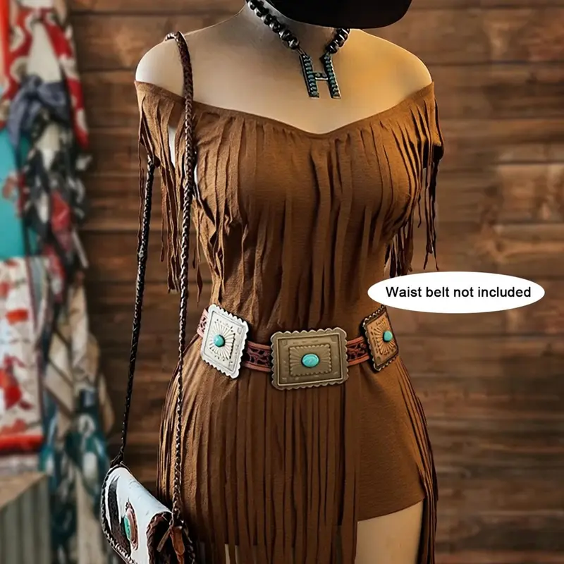 Women's Western Fringe Mini Dress, Short Dress, Off Shoulder Low Deep V Neck Dress (Belt Not Included)