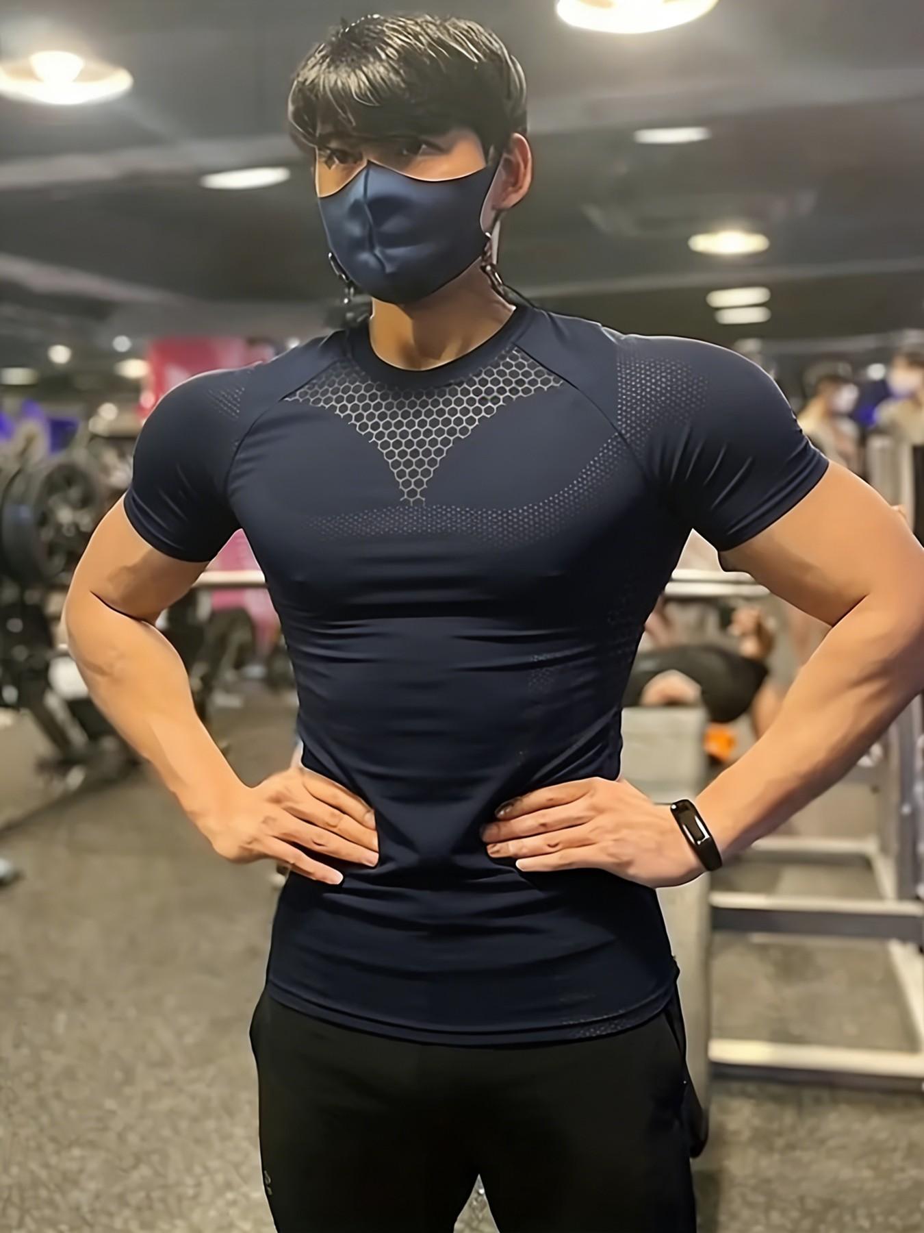 Men's Honeycomb Patchwork Quick-Dry Tight-Fit Shirt, Moisture-Wicking, Breathable, Gym Training Muscle-Defining T-Shirt, All Seasons