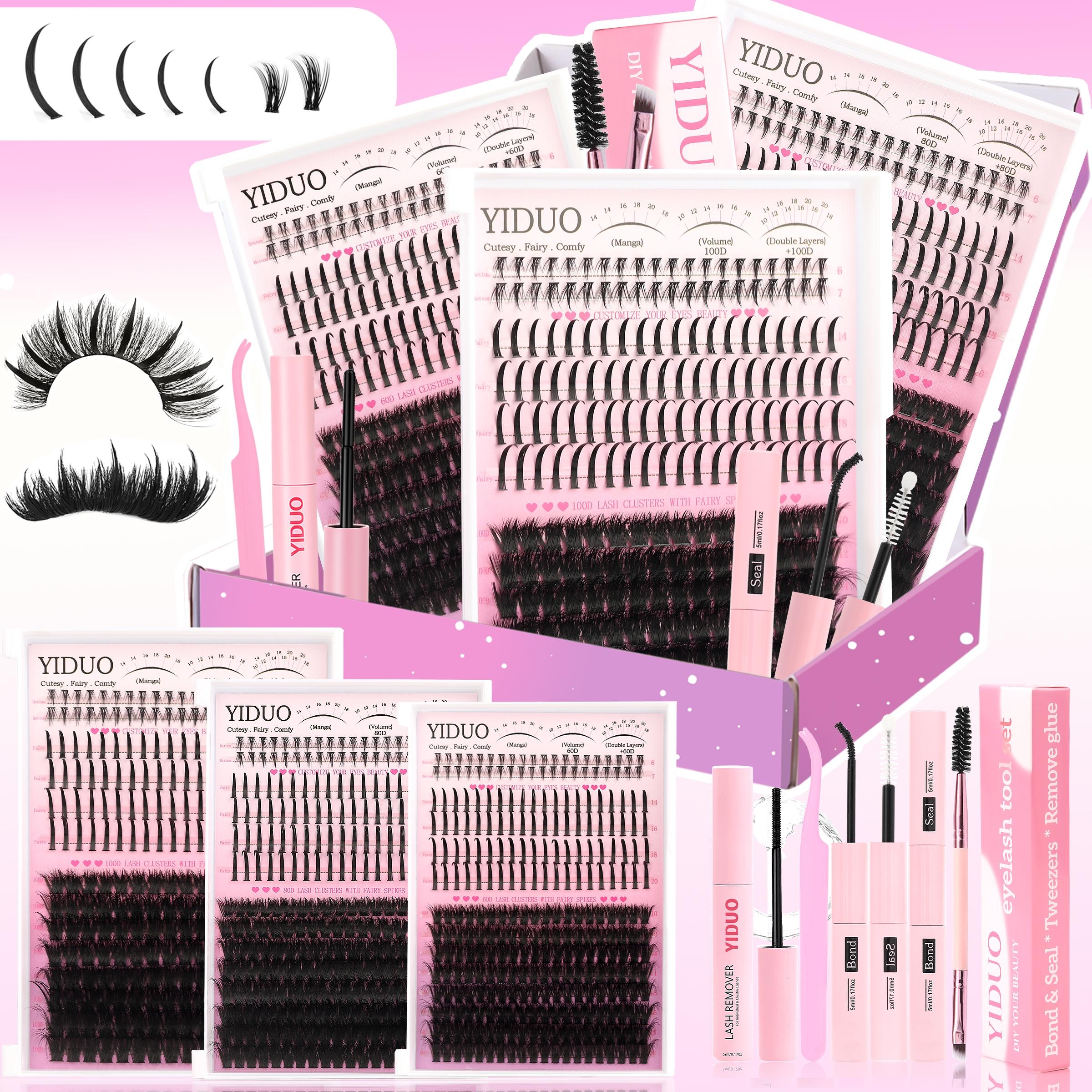 YIDUO Diy Eyelash Extensions 5 Styles Lashes Kit 60D\80D \100D\Spikes Eyelash and Bottom Lashes Clusters Kit 6-18mm Cluster Eyelash Extension Kit 840 Pcs D-Curl With Lash Bond and Seal, Lash Remover，Lash Tweezers,Eyelash Brush