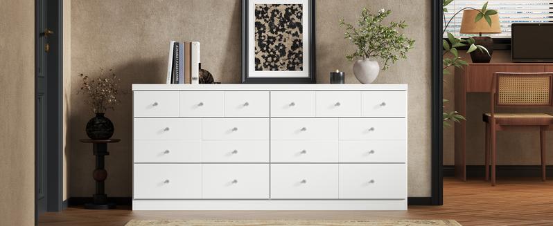63'' Long Dresser for Bedroom, Large 6 Drawer Dresser with 14 Organized Compartments & Glass Handles, Modern Storage Chest of Drawers with Anti-Tip Kits (White)