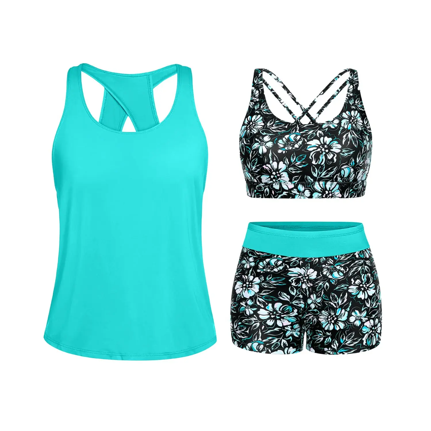 Tempt Me Three Piece Tankini Swimsuits for Women Athletic Bathing Suits Swim Tank Top with Boy Shorts and Bra Modest Swimwear