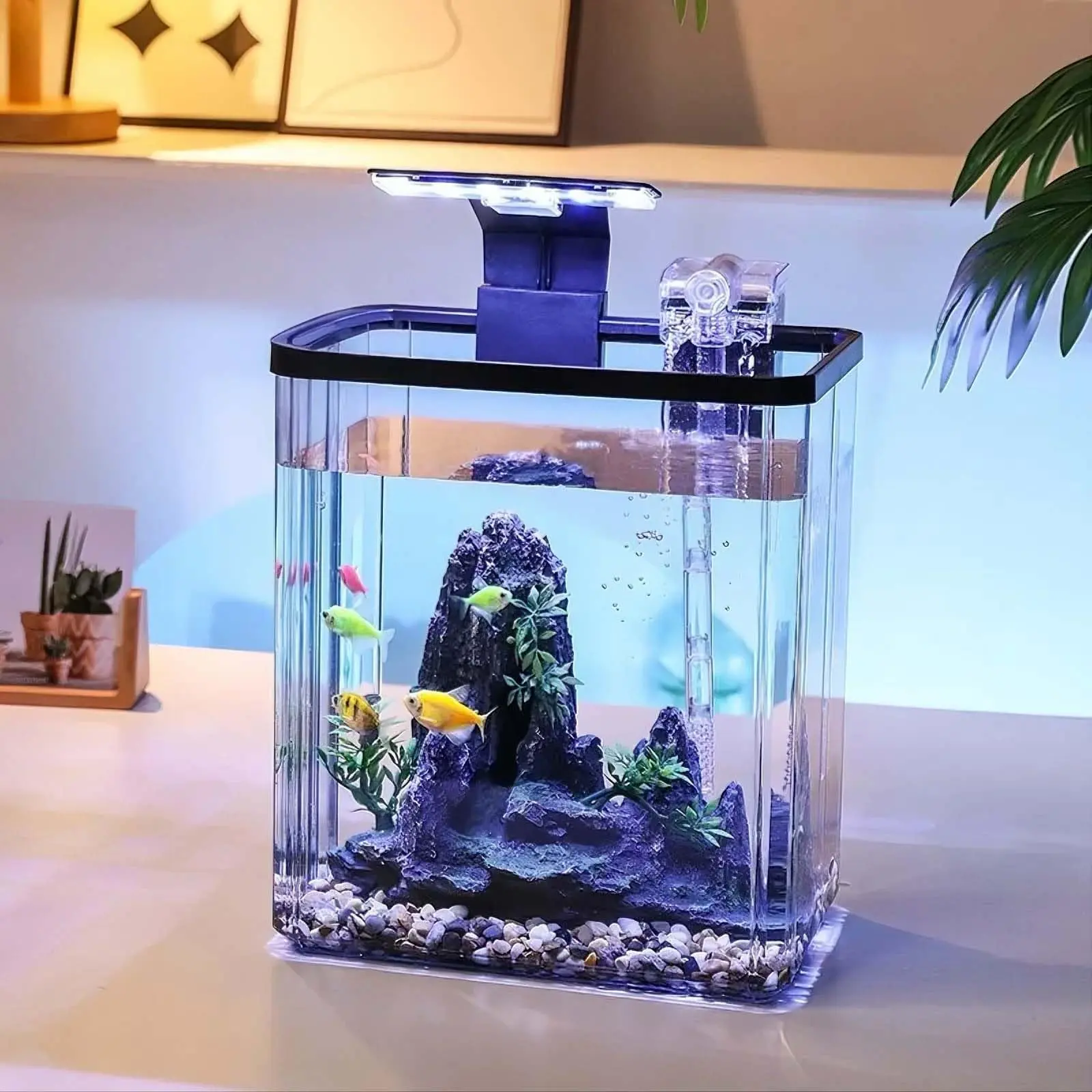 Mini 2.5 Gallon Small Animal Habitat - Plastic Aquarium Cage with LED Light & Filter - Portable Starter Kit for Betta Fish, Goldfish, Shrimp, Hamsters, or Small Pets