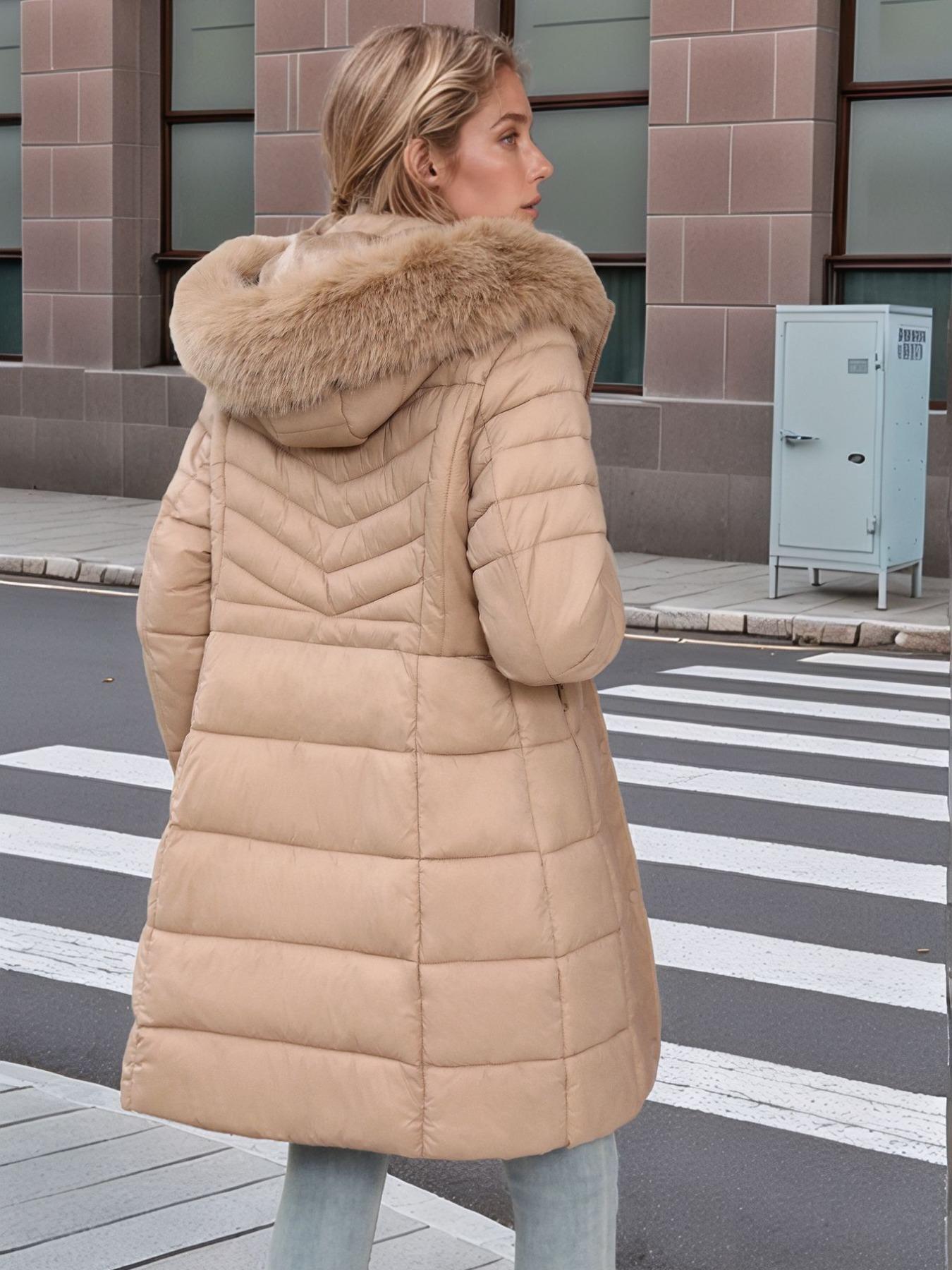 Women's Fall Winter Mid-Length Cotton Coat, Faux Fur Hood and Collar, Casual Fashion Outerwear with Side Pockets and Zipper Design, Quilted Puffer Coat