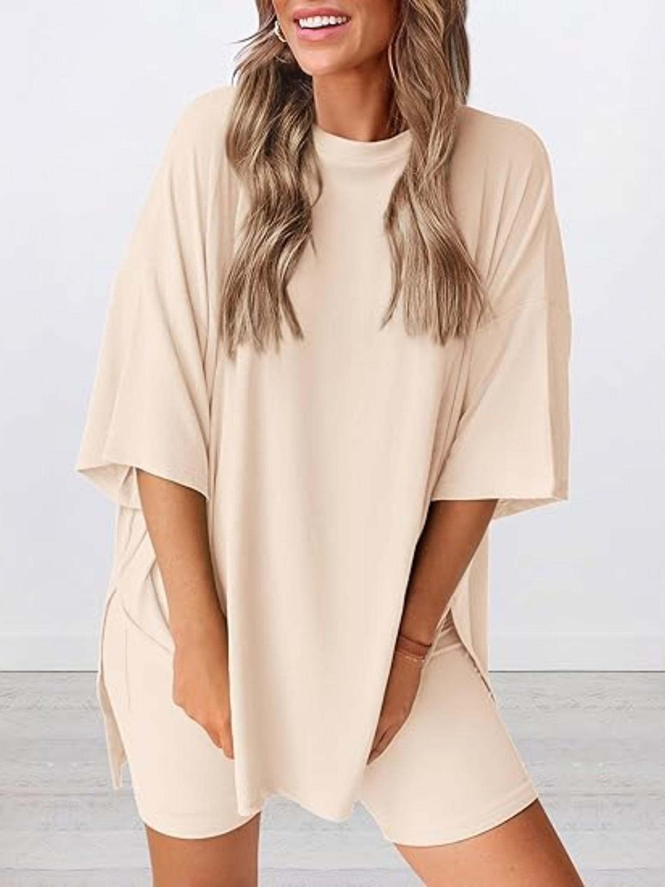 Women's Solid Color T-Shirt and Tight Shorts Set, Summer Comfort Round Neck Pajamas Loungewear, Nightwear, Pocket Design, Suitable for Outdoor Wear