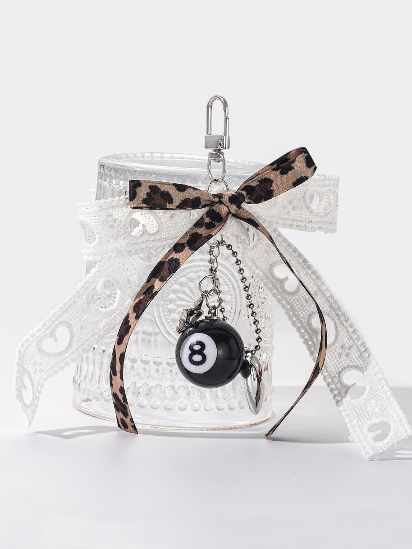 Cool and stylish practical texture leopard print size 8 ball pendant, leopard print bow+lace ribbon, black 8 billiards+heart pendant, exquisite and sweet style, versatile bag/key, can be given to friends
