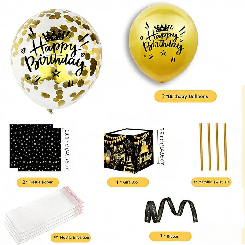 Birthday Money-Extracting Balloon Gift Box, Black And Gold Surprise Money-Extracting Gift Box, Includes Happy Birthday Card And Transparent Bag, Birthday Party Supplies, Money-Extracting Money Box, Birthday Party Decoration Gift Box