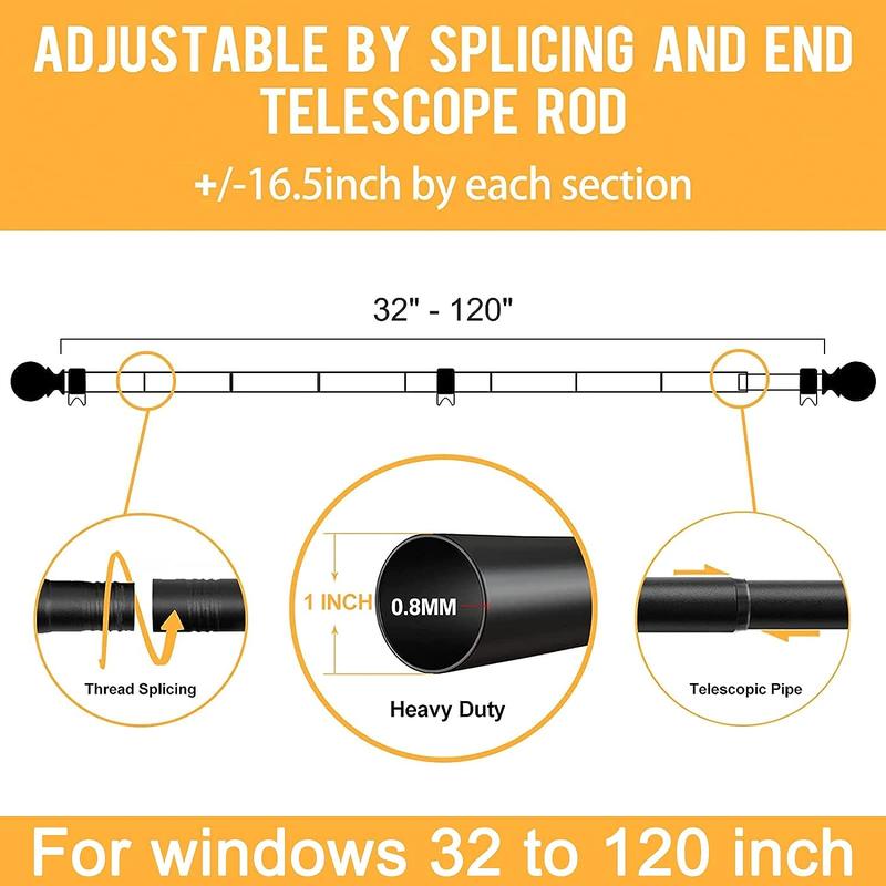 Inovaday Curtain Rods for Windows, 1 Inch Black Curtain Rod Set, Heavy Duty Drapery Rods with Adjustable Curtain Rods, Outdoor Curtain Rod with Ball Finials, Room Divider Curtain Rod for Living Room Bedroom Bathroom Interior Decoration Accessories