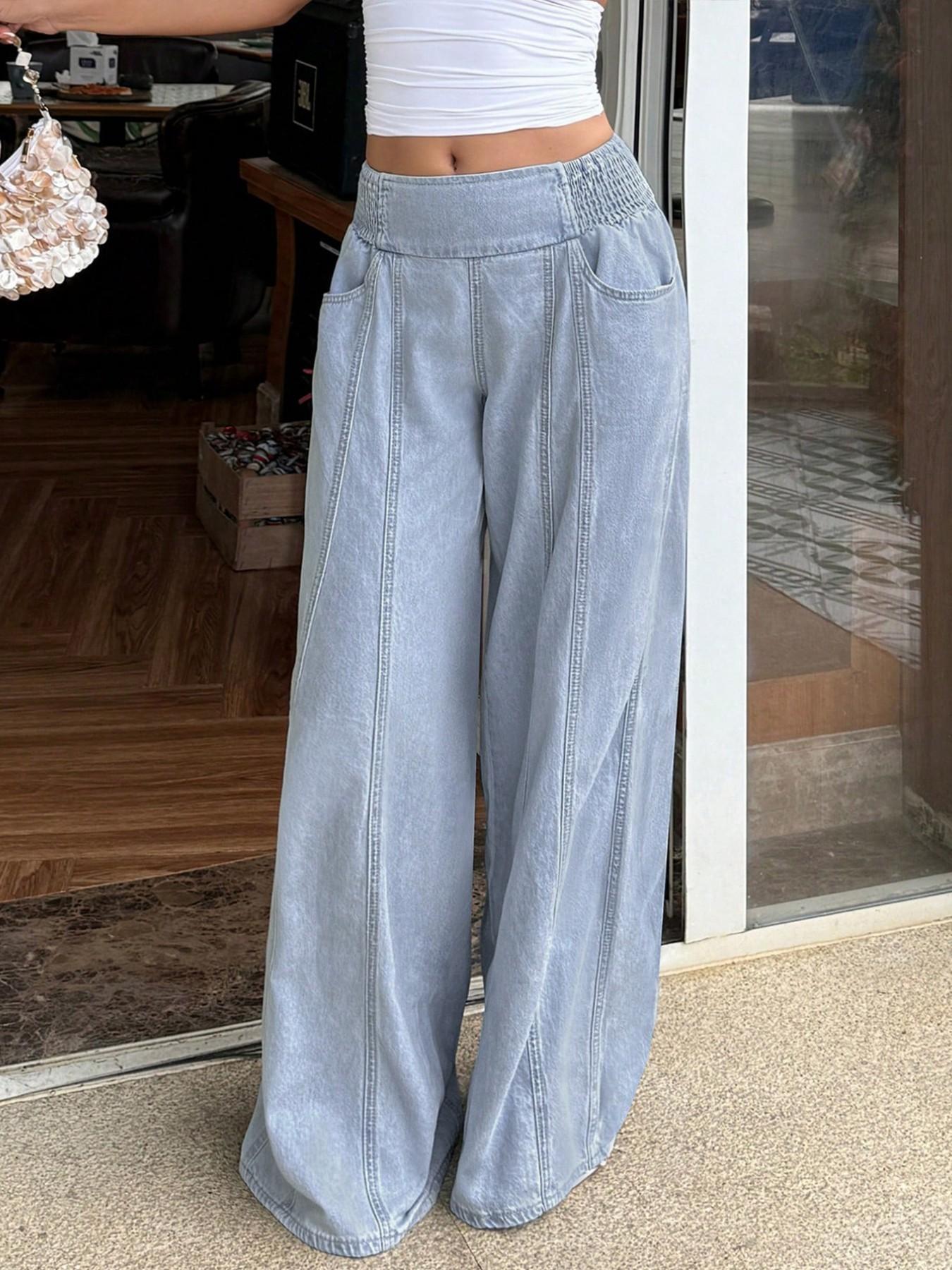 Women Shirred Elastic High Waist Wide Leg Oversized High Waisted Denim Jeans, 4 Way Stretch Light Wash, Casual Baggy Loose Floor Length Trousers with Pockets, Summer Streetwear