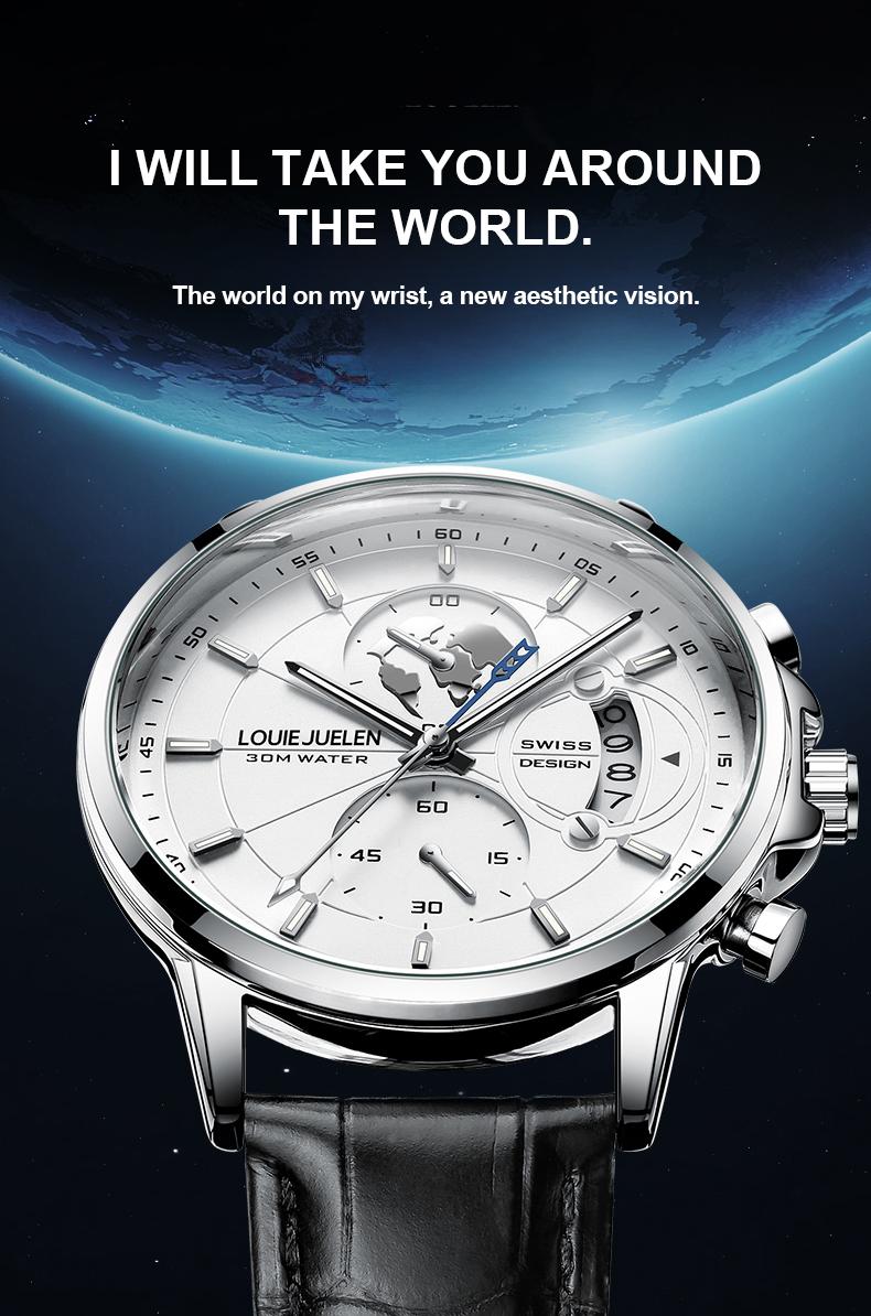 Elegant Men's Watch: Globe Design, 30m Water Resistance, Luminous Dial, Calendar & Chronograph | Stylish for Day & Business | Classic Timepiece