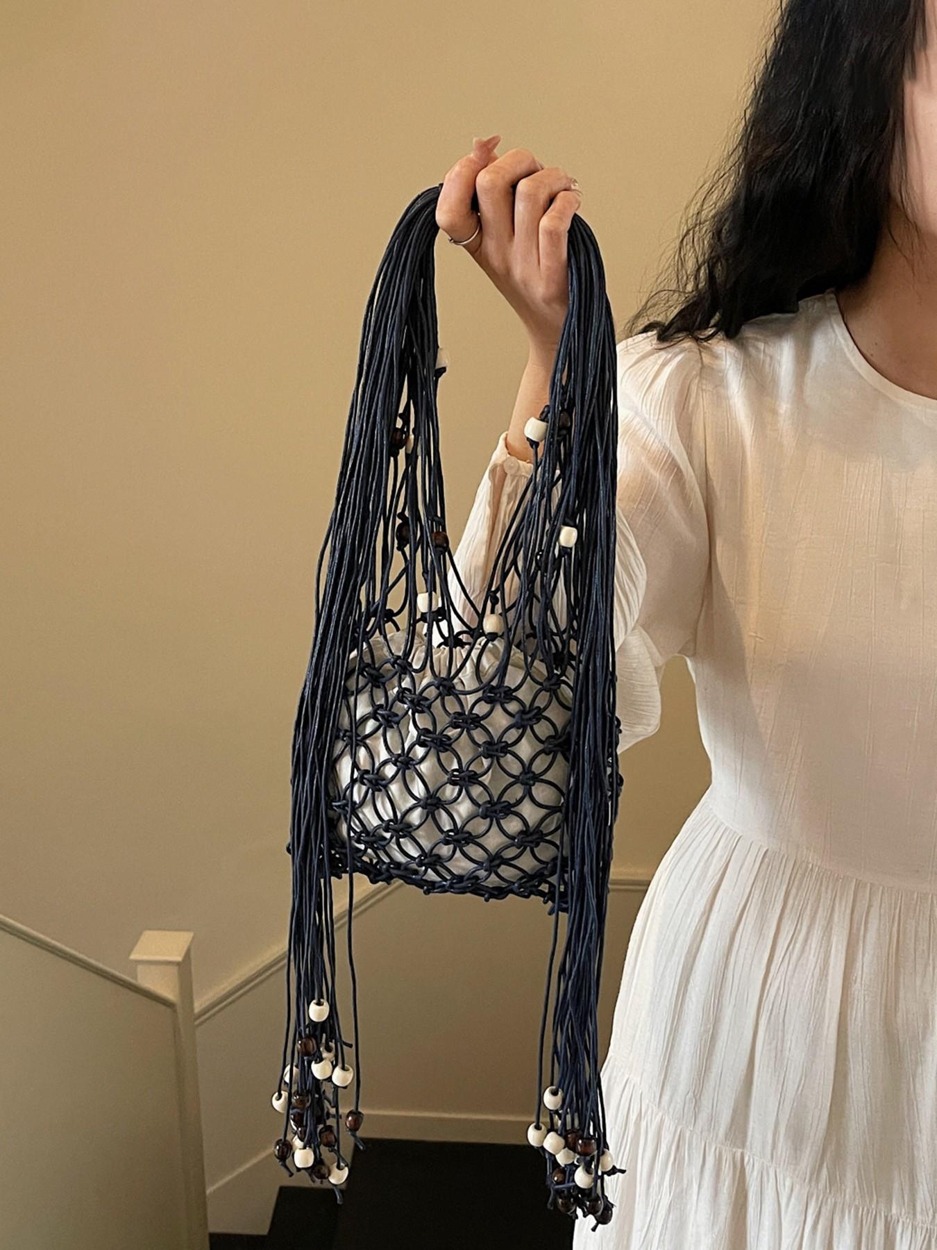 1pc Boho Macrame Fringe Shoulder Bag for Women, Handwoven Beaded Net Tote with Drawstring Lining, Summer Beach Woven Hobo Handbag