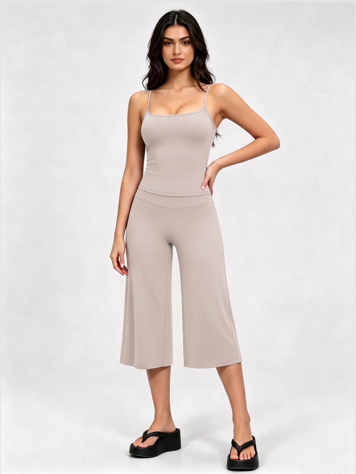 Adjustable Strap Top and High-Waist Wide-Leg Pants Set, Athleisure Summer Fitness Outfit, Soft Stretch Fabric, Sporty Style, Quick Dry, Suitable for Spring Summer Fall