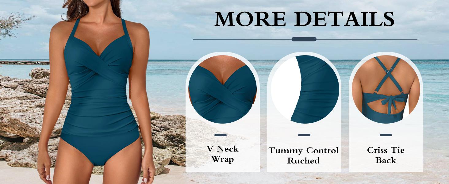 B2prity Women's Ruched Tankini Swimsuits V Neck Wrap Tie Back Two Pieces Bathing Suit Tummy Control Swimwear Deals for You Days