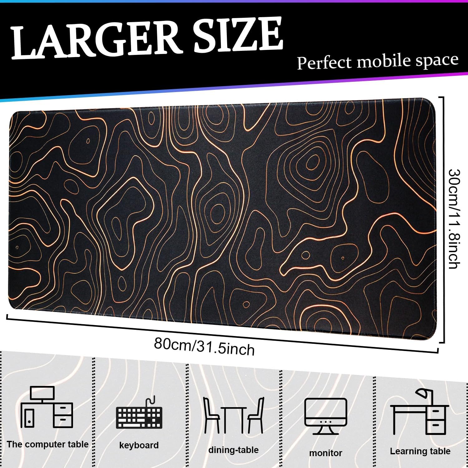 Pad Gaming Mousepad, 31.5 x 11.8in Large Desk Mat Keyboard Pads Extend Long XL  Mat with Non-Slip Base Desk Accessories for  Office Keyboard  (Black Topographic Orange)