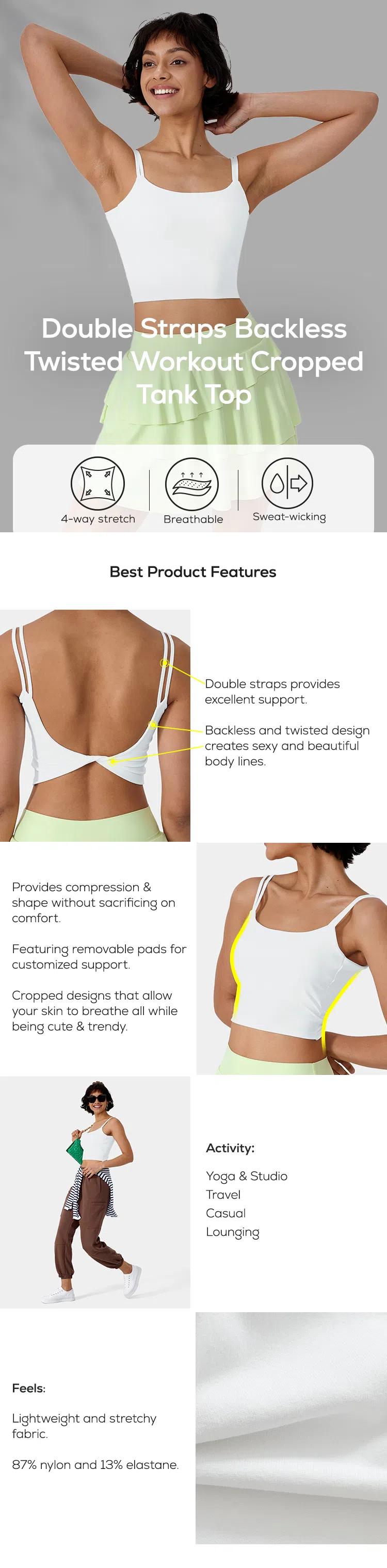 Halara Double Straps Backless Twisted Cropped Yoga Tank Top Ribbed Sports Vest Workout Ribbed