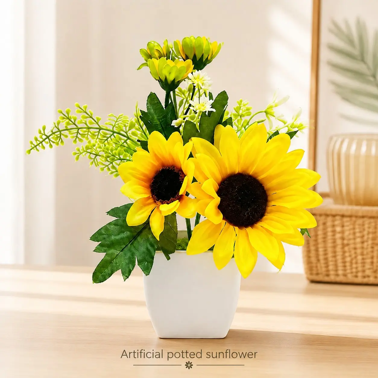 Artificial Sunflower Potted Plant  Pre‑Potted Faux Silk Sunflower for Indoor Home Decor  Desk Shelf Office Bedroom Living Room Table Centerpiece No Maintenance Decor