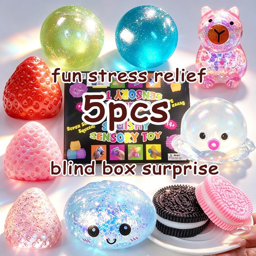 5-Piece Blind Box Set, Soft Shell Octopus Candy Flash Card, Cute Strawberry Cookie Squeeze Toy, Stress Relief Gift Kit, Random Colors