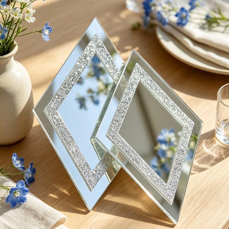 Silver diamond-shaped wall mirror, wall mounted mirror, decorative crystal-studded mirror, suitable for bedrooms, living rooms, and hallways, home decor