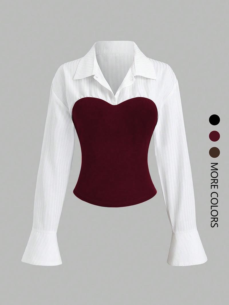 This women's white long-sleeved blouse with puff sleeves and patchwork design is elegant and versatile, suitable for everyday wear and various occasions.