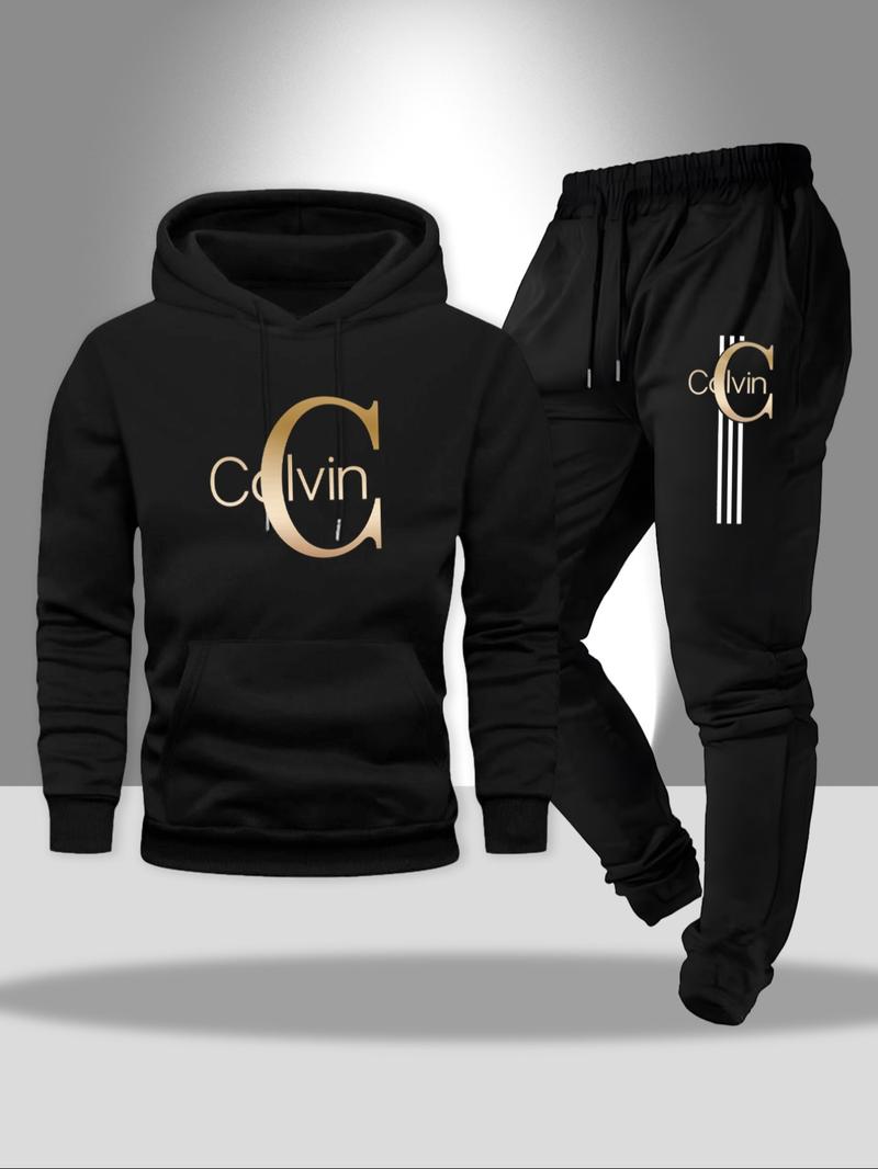 Men's Stylish Calvin Graphic Tracksuit, Casual Sweatsuits: Black Hoodie and Jogger Set with Gold Logo Print, Perfect for Urban Streetwear and Casual Daily Outfits Men's Stylish Calvin Graphic Tracksuit, Casual Sweatsuits: Black Hoodie and Jogger Set with Gold Logo Print, Perfect for Urban Streetwear and Casual Daily Outfits