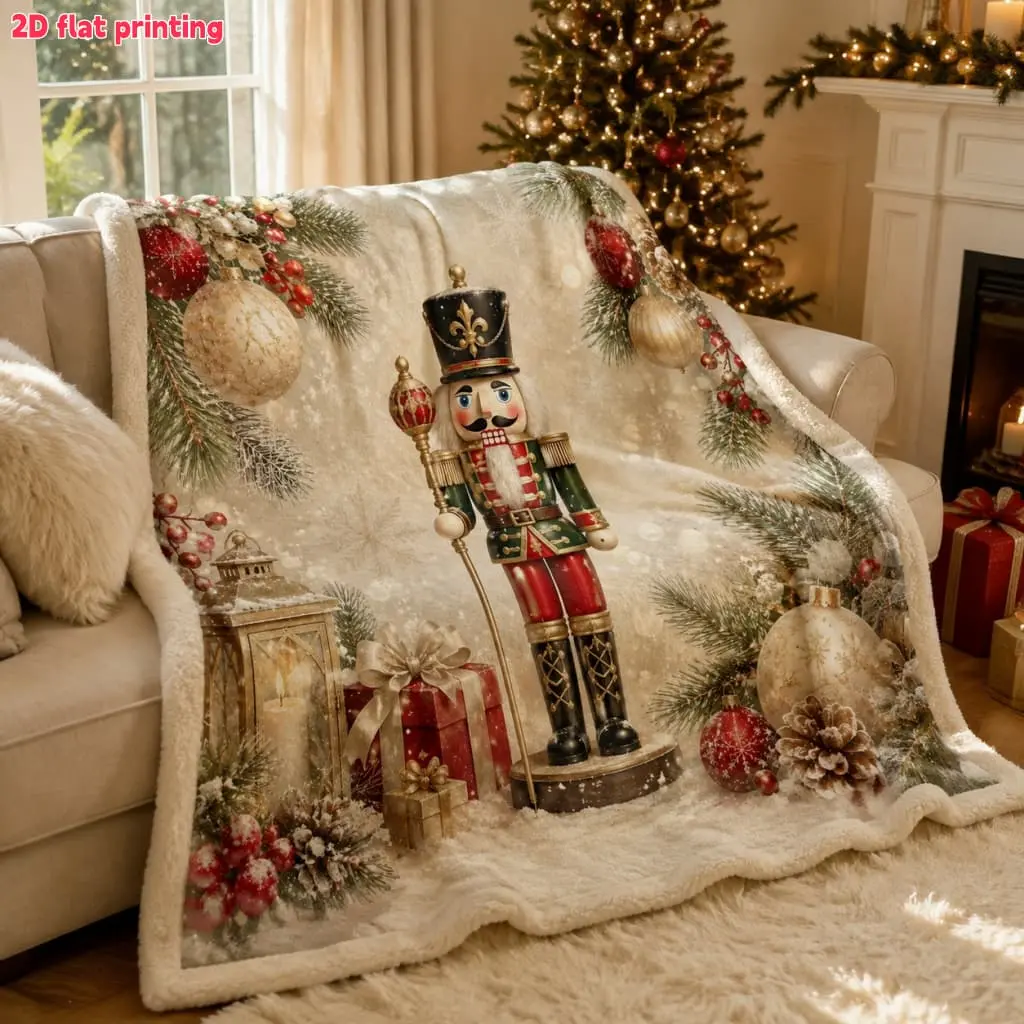 2D Flat 1Pc festive Christmas nutcracker print plush throw blanket - cozy winter holiday theme, soft and warm for sofa couch bed, ideal gift, decor, seasonal accent