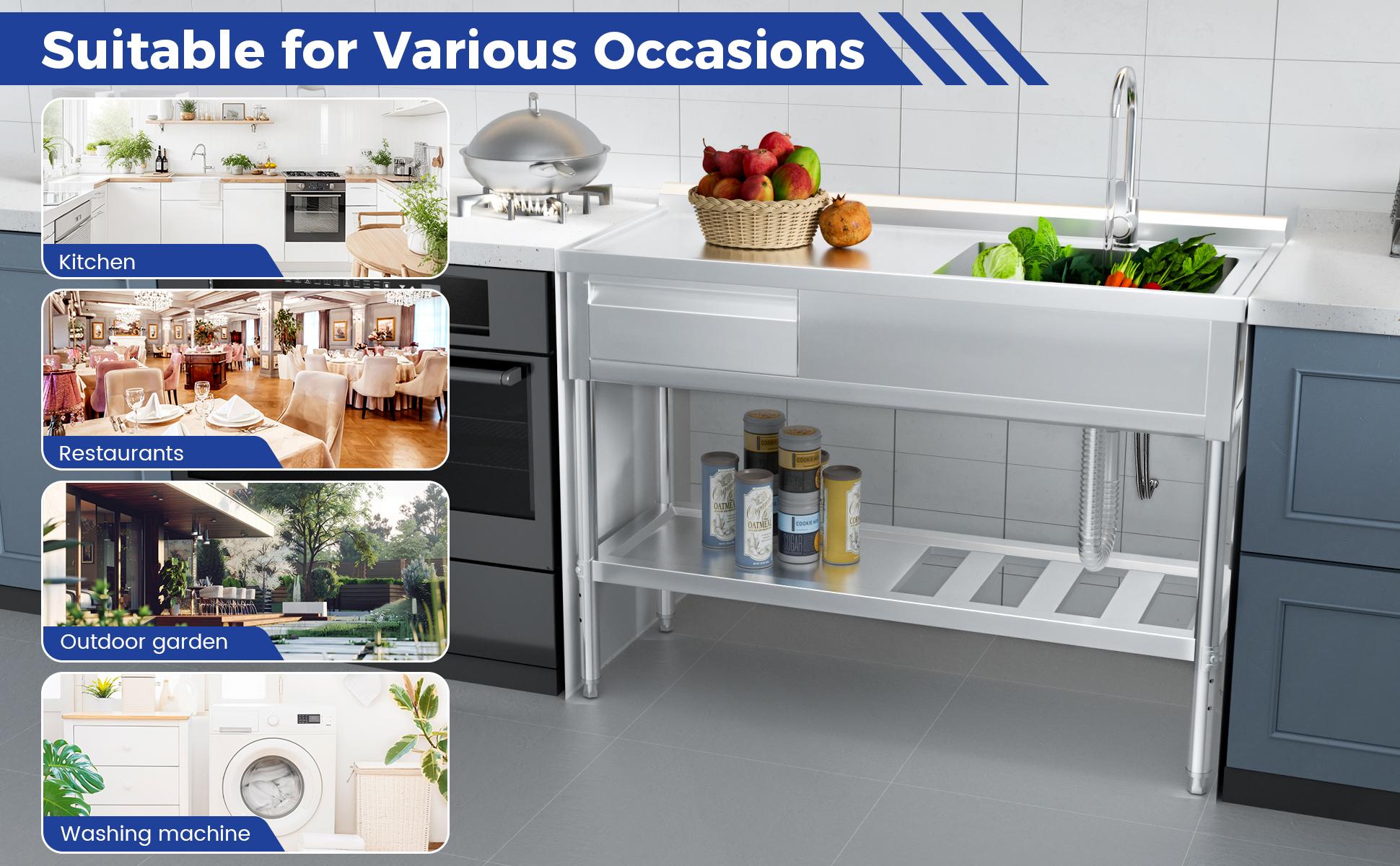 Stainless Steel Utility Sink, Free Standing Single Bowl Commercial Kitchen Sink w/Workbench & Storage Shelf, w/Hot & Cold Water Pipes & Faucet for Laundry Room, Farmhouse, Indoor/Outdoor Stainless Steel Utility Sink, Free Standing Single Bowl Commercial Kitchen Sink w/Workbench & Storage Shelf, w/Hot & Cold Water Pipes & Faucet for Laundry Room, Farmhouse, Indoor/Outdoor