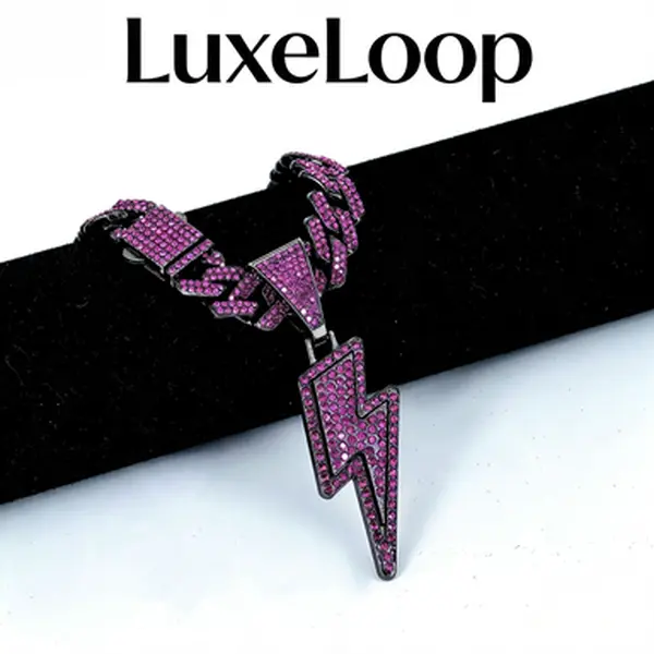 LuxeLoop Purple Iced Out Lightning Bolt Pendant Necklace, Full Paved Cubic Zirconia Lightning Charm with Miami Cuban Chain, Black Tone Hip Hop Streetwear Jewelry, Unisex Trendy Statement Accessory Gift for Men Women