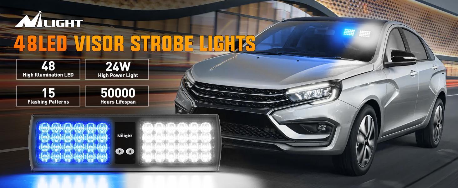 Nilight Blue White 48LED Visor Strobe Lights Interior Windshield Lights Super Bright LED Strobe Lights