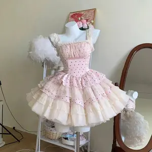 Japanese Sweet Princess Dress Women Lolita Suspender Dress Elegant Butterfly Pearl Beads Bow Trailing Puffy Mini Dresses