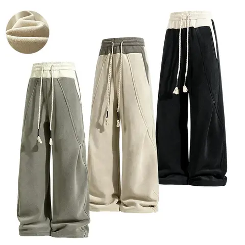 Men Fall Winter Fleece Lined Contrast Waist Casual Long Pants, Elastic Waist With Thick Braided Tassel Drawstring, Stitching Detail Warm Trousers, Multi Color Options Street Bottoms For Daily Outings#sohochic