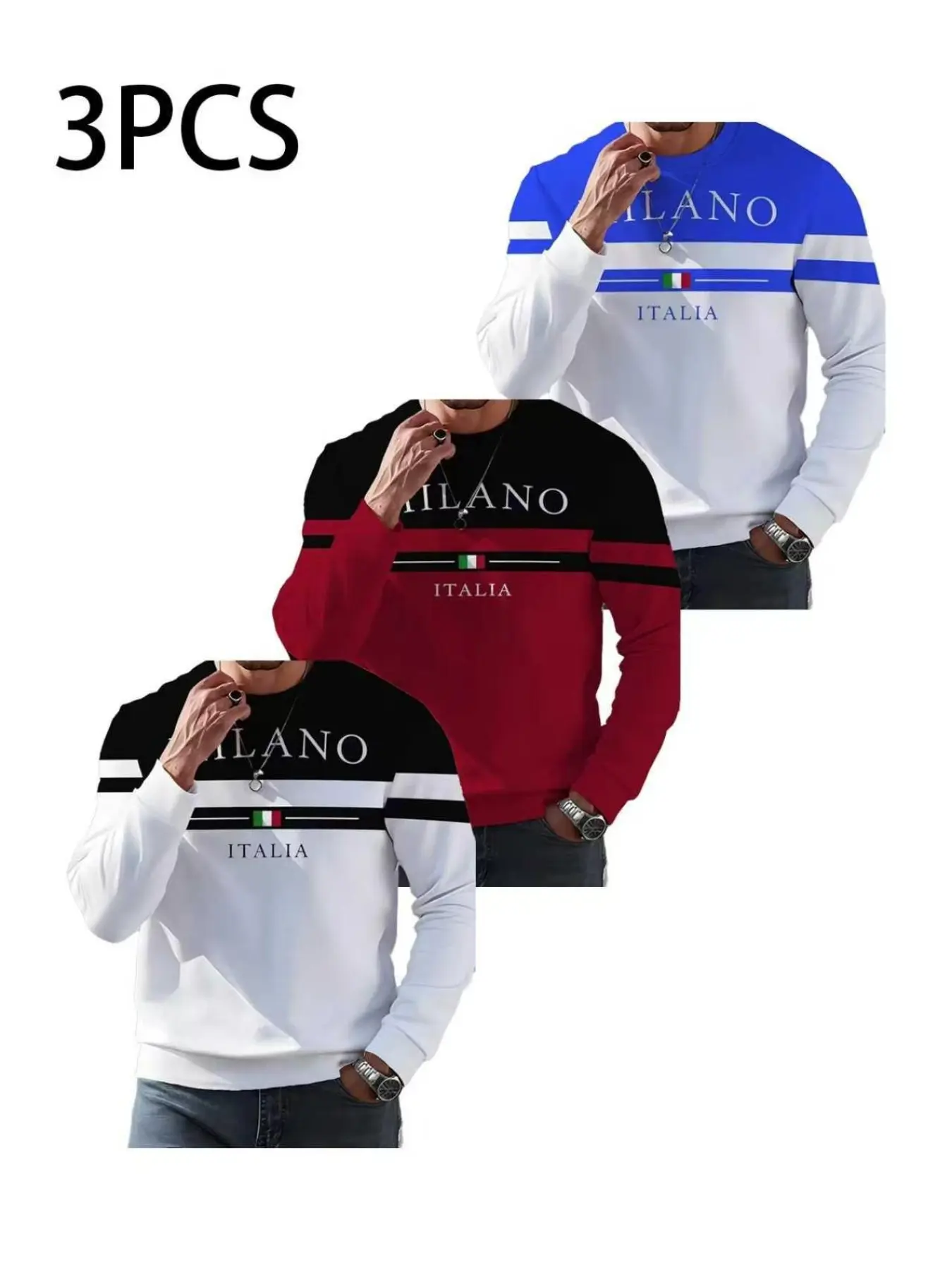 3-Pack Men's Italian Style Colorblock Sweatshirts, Italia Letter Print, Vintage Trendy, Casual Daily Wear, Long Sleeve, Slim Fit