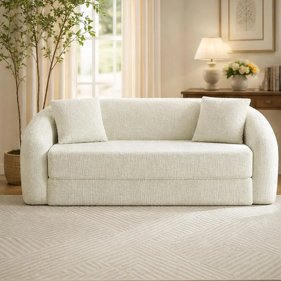 87-Inch Curved Convertible Sofa Recliner, 2-in-1 Fold-Out Sofa Bed with Pull-Out Base, Deep Seat, Chenille Two-Seater Couch with Two Pillows, Beige