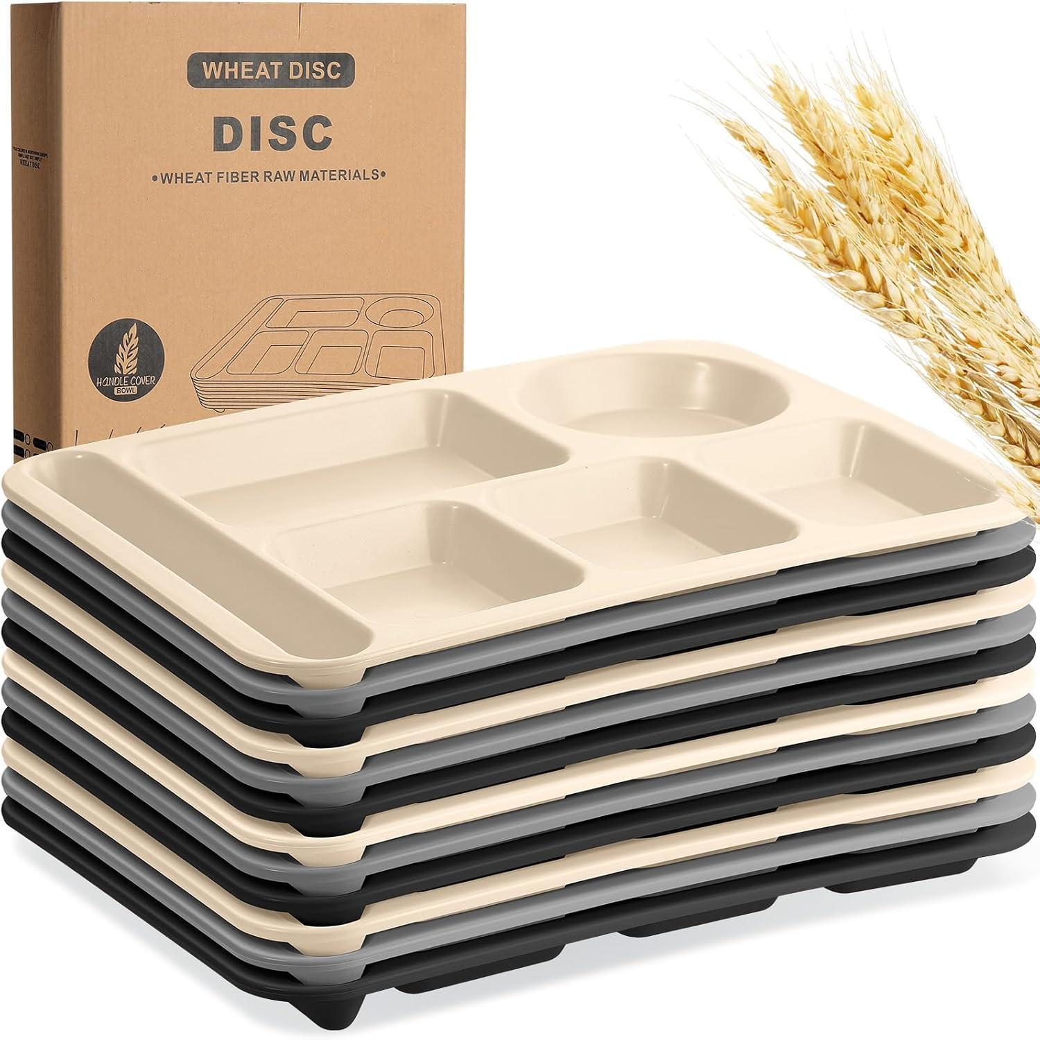 12 count 14'' Large Divided Plates Unbreakable Wheat Straw Lunch Trays 6 Compartments Cafeteria Trays Microwave Dishwasher Safe  Separator Plates (Black, Dark Gray, Beige)