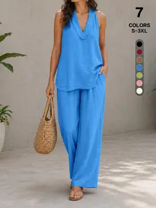 2026 Women's Linen Fabric Halter 2-Piece Set, Casual Sexy V-Neck Sleeveless Top, High Waisted Wide Leg Pants, Summer Tummy Control