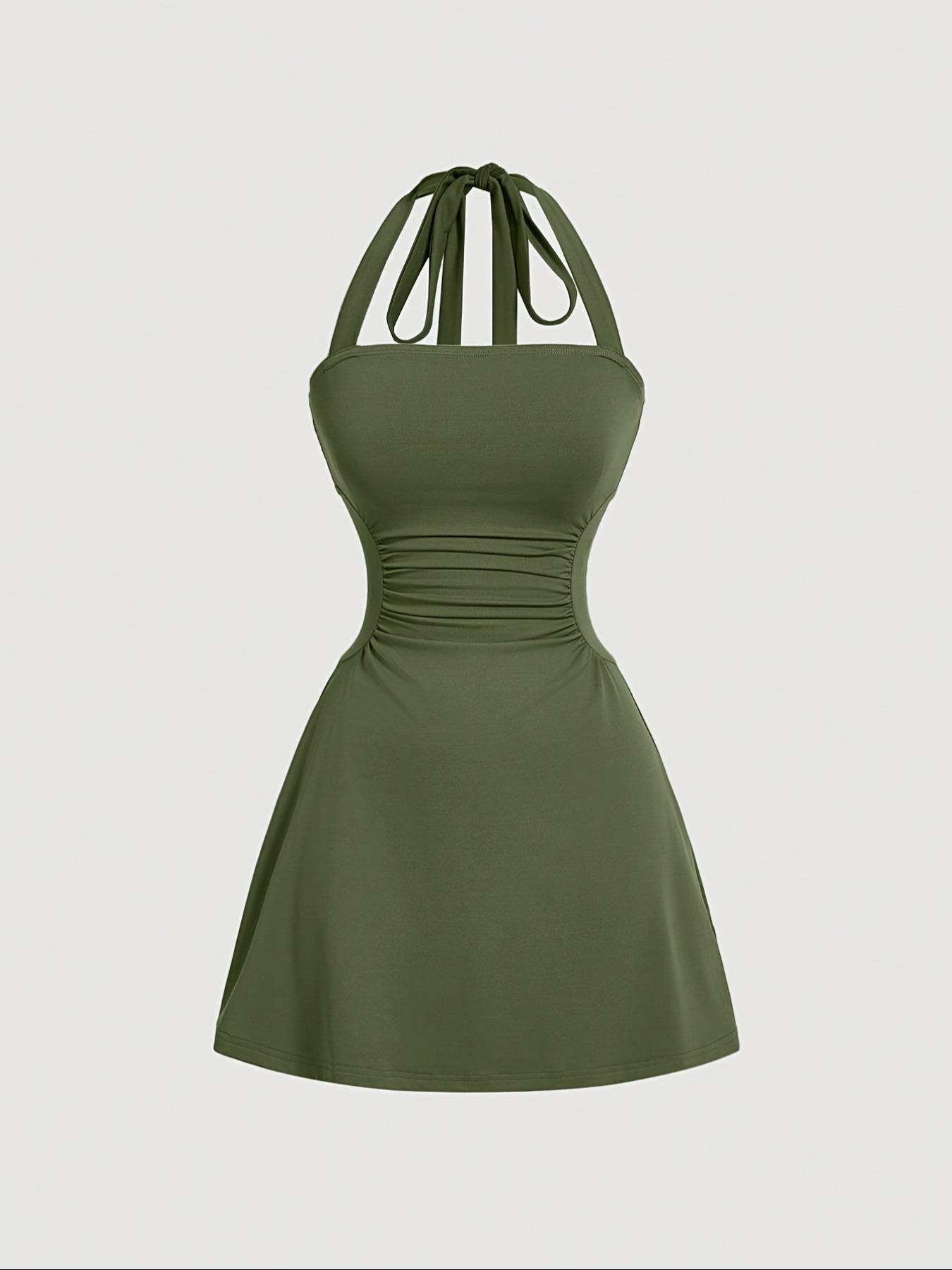 Women's Solid Fit Ruched Tie Back Backless Halter Neck Dress, Casual Fashion Fitted Womenswear Sleeveless A Line Short Dress for Summer, Women's Dress for Beach Holiday
