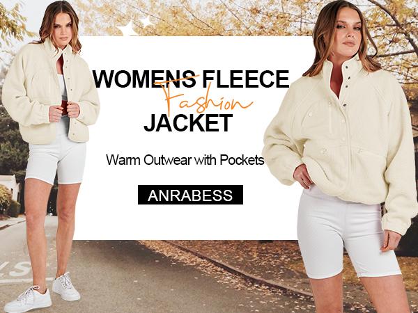ANRABESS Womens Fleece Jacket Button Down Shacket Casual Sherpa Cropped Coats Warm Outwear with Pockets