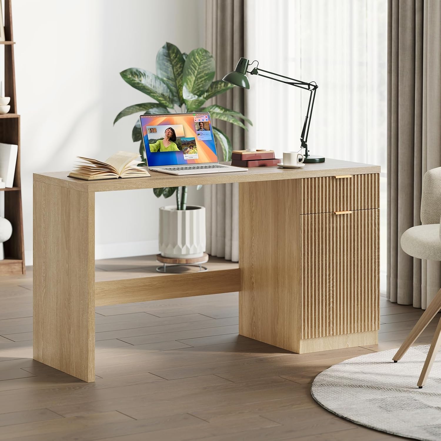 60" Executive Desk with Storage, Modern Home Office Desk with Drawer & Cabinet, Wood Fluted Computer Desks Workstation Writing Conference Table for Study, Living Room, Bedroom