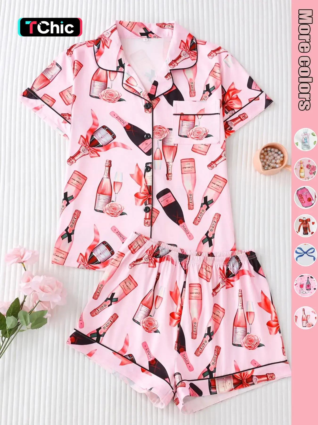 Women's All Over Print Shirt & Shorts Pyjama Two-piece Set, Comfy Short Sleeve Collared Top & Shorts PJ Set, Ladies Sleepwear for All Seasons Pajama Set, Casual Sleepwear Loungewear Homewear Sleep Sets