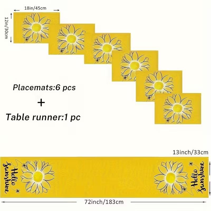 5/7-piece table flag+placemat combination Set, Decorative summer sunflower pattern design, Home Decor, suitable for kitchen, dining room, living room and indoor/outdoor wedding decoration