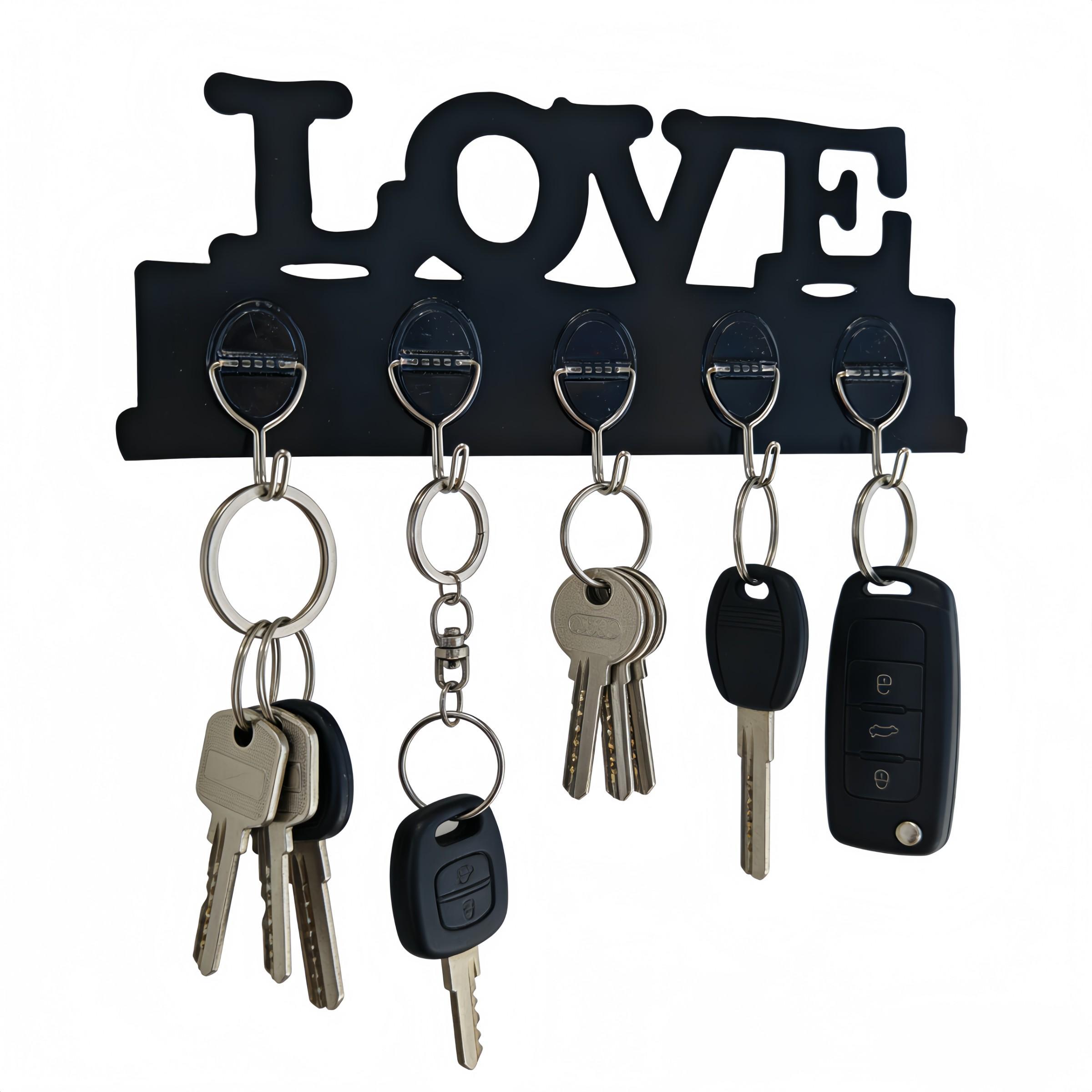 2-Pack Love Graphic Plastic Hook Rack, Wall-Mounted Key Hooks, 5 Strong Hooks, Easy Install with Adhesive Backing, Ideal for Entryway Organization