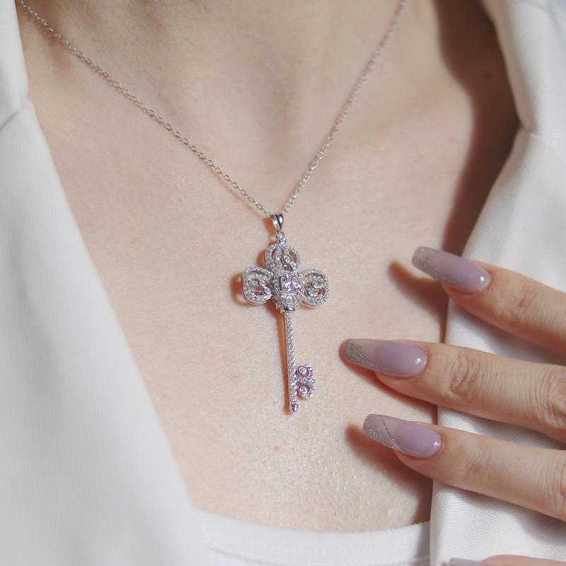 【#405 Crown Key】Luxurious Victorian Key Pendant Synthetic Moissanite Necklace in 925 Sterling Silver
