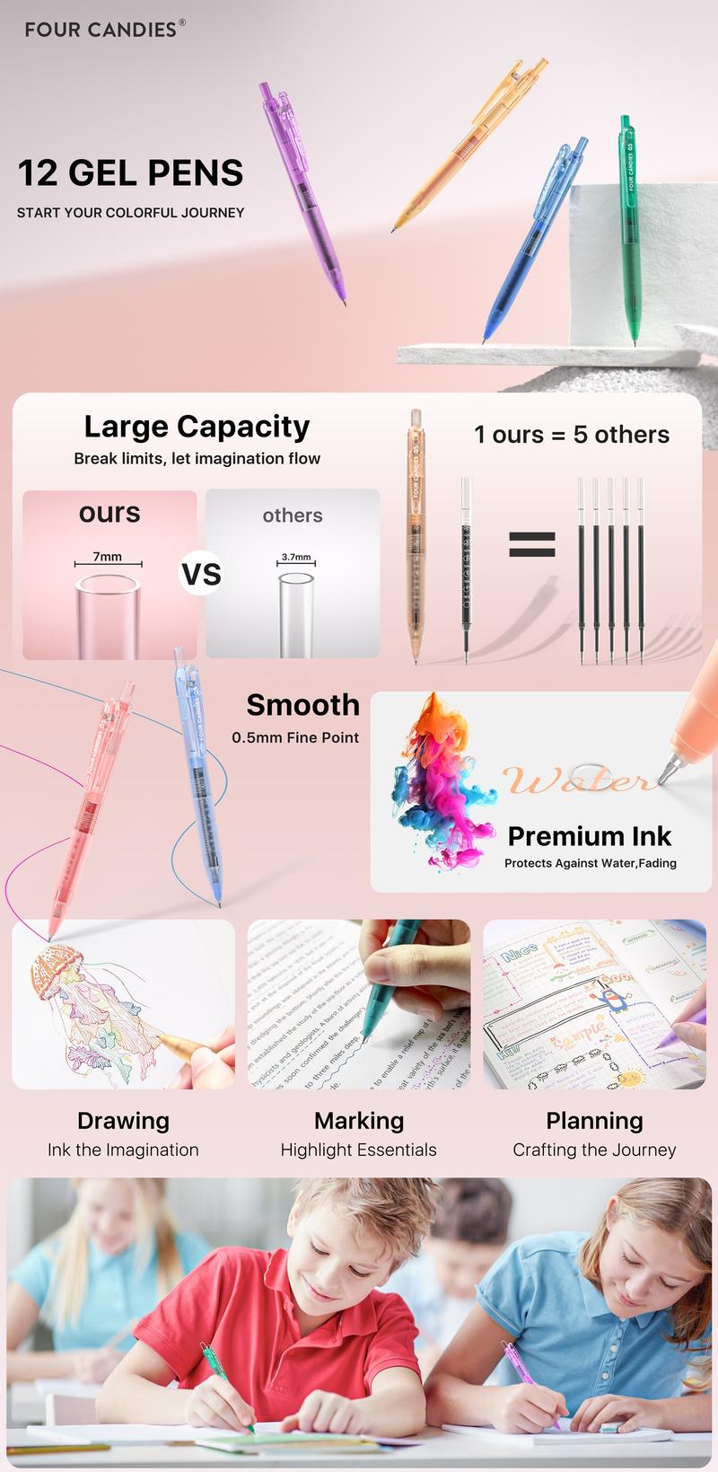 Four Candies 12Pack 0.5mm Quick Dry Retractable Gel Pen Set, Cute Transparent Fine Point Multicolor Note Taking Aesthetic lnk Pens, Comfort Grip 12 Ink Colors Drawing Writing School Office Home Ideal Christmas Gift for Kids School Supplies Art Work