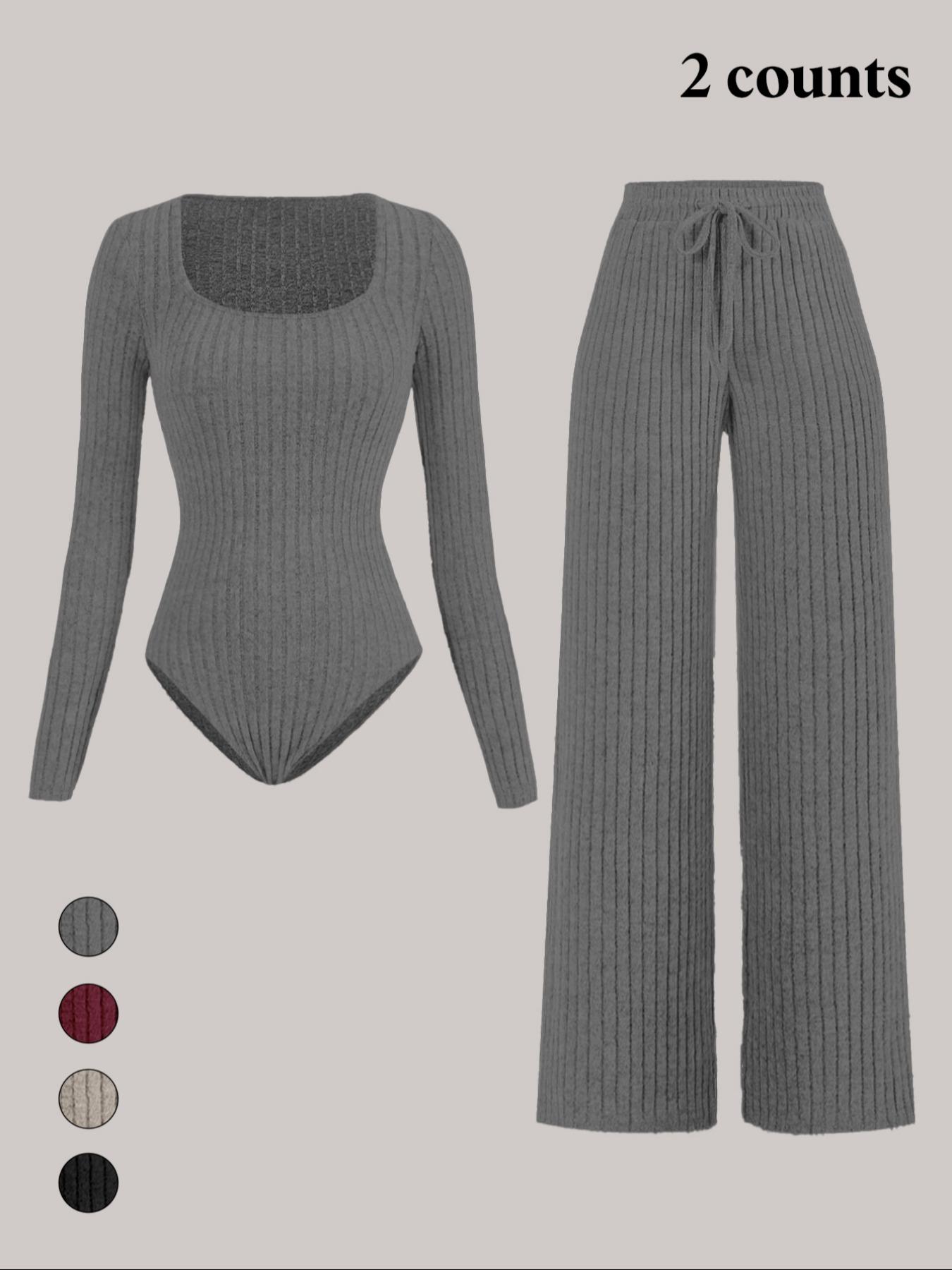 Women's Slim-Fit Solid Color Ribbed Fleece Bodysuit and Wide-Leg Pants Set, Fashionable Comfortable Fabric for Daily Wear