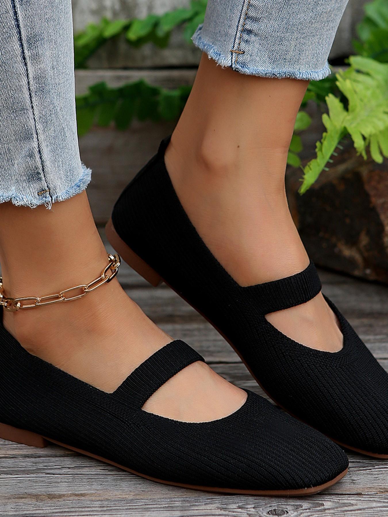 Women's Knitted Striped Mary Jane Shoes Square Toe Casual Trendy Flat Flats Breathable Non-Slip Soft Sole Comfortable Casual Daily Wear Fashion Footwear Versatile Shoes Fashionable Flats